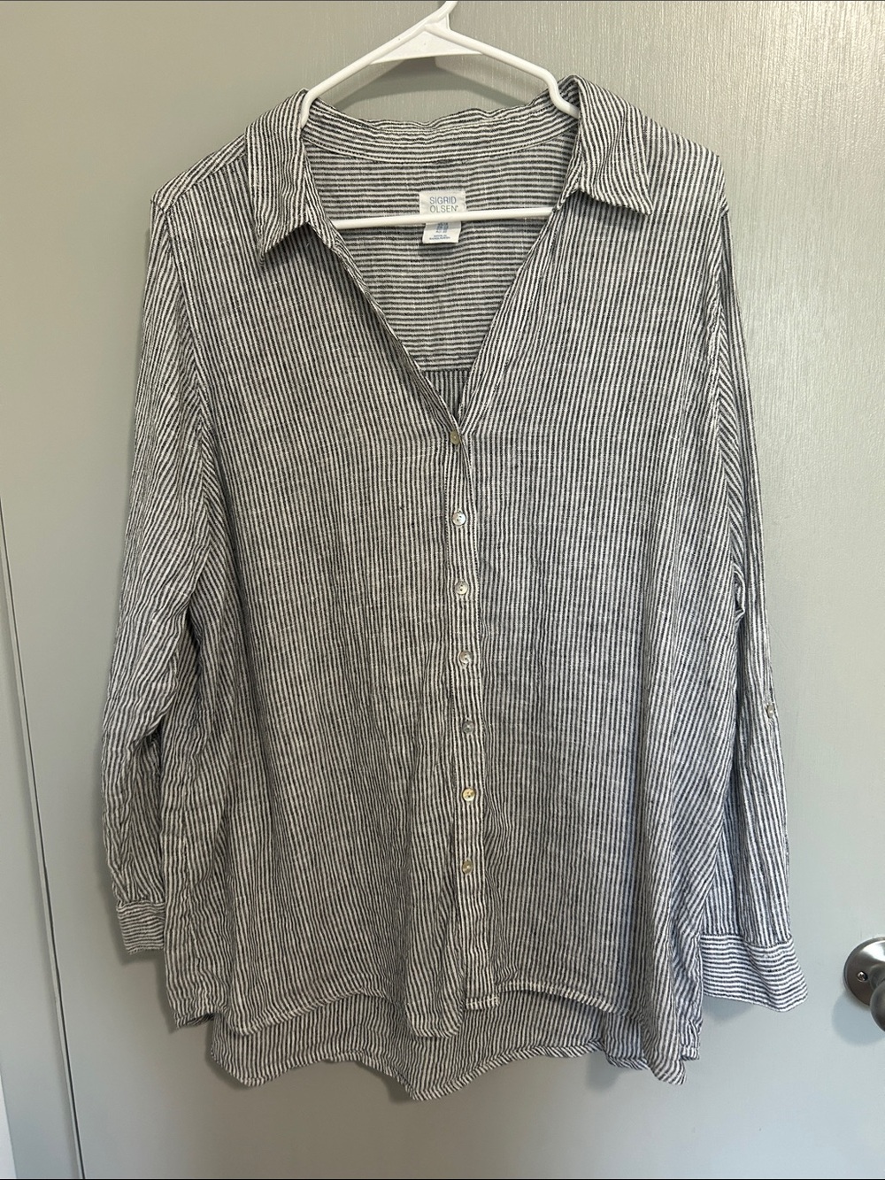 Sigrid Olsen 100% Linen Striped Button Down Shirt Plus Size 20 Coastal